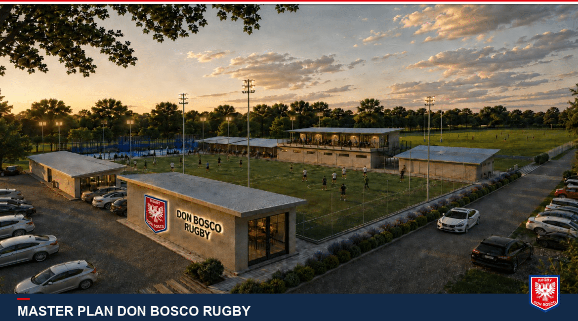 Vista aérea del predio de Bernal con el Master Plan de infraestructura: canchas de rugby, plaza central y espacios sociales.