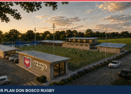 Vista aérea del predio de Bernal con el Master Plan de infraestructura: canchas de rugby, plaza central y espacios sociales.