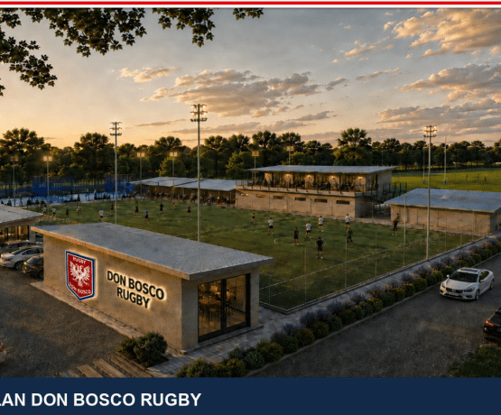 Vista aérea del predio de Bernal con el Master Plan de infraestructura: canchas de rugby, plaza central y espacios sociales.